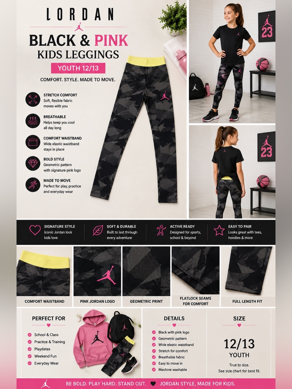 Jordan Black and Pink Kids Leggings Youth 12/13‎